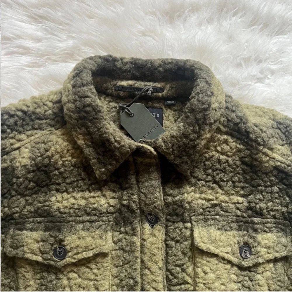 New!  ALL SAINTS Rosey Check Khaki Green Plaid Wool Blend Overshirt Jacket - Picture 6 of 10